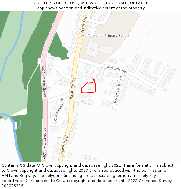 9, COTTESMORE CLOSE, WHITWORTH, ROCHDALE, OL12 8ER: Location map and indicative extent of plot