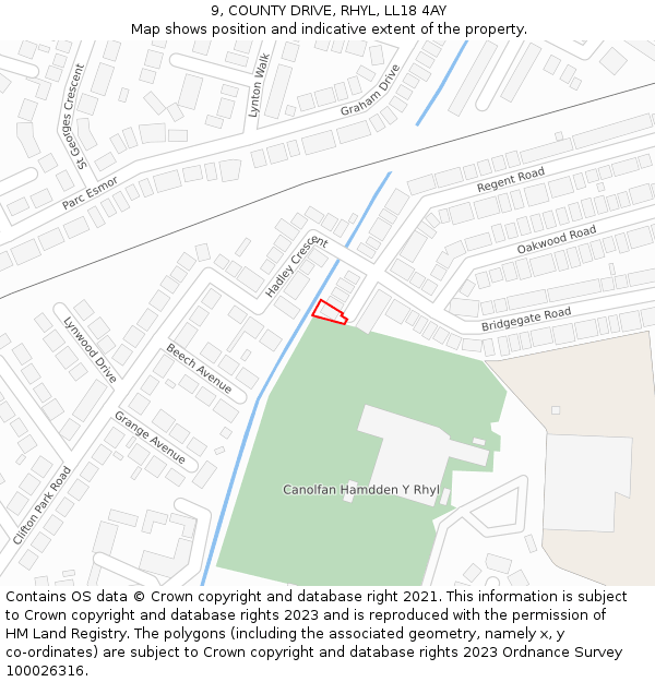 9, COUNTY DRIVE, RHYL, LL18 4AY: Location map and indicative extent of plot