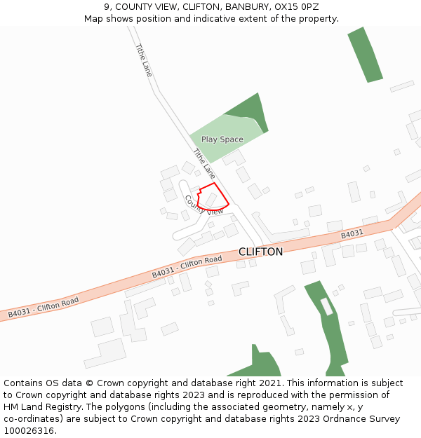 9, COUNTY VIEW, CLIFTON, BANBURY, OX15 0PZ: Location map and indicative extent of plot