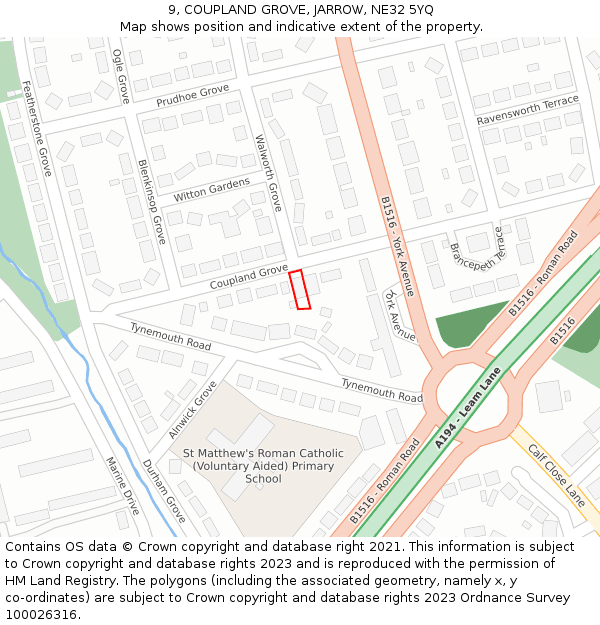 9, COUPLAND GROVE, JARROW, NE32 5YQ: Location map and indicative extent of plot