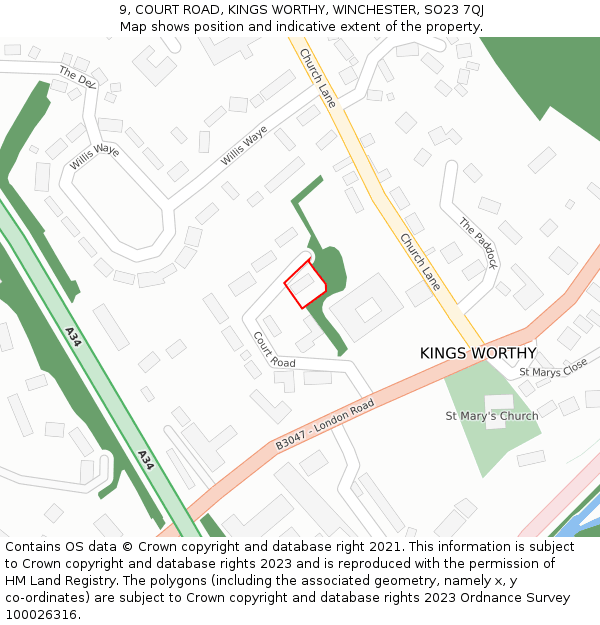 9, COURT ROAD, KINGS WORTHY, WINCHESTER, SO23 7QJ: Location map and indicative extent of plot