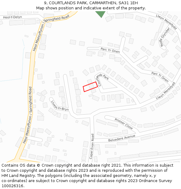 9, COURTLANDS PARK, CARMARTHEN, SA31 1EH: Location map and indicative extent of plot