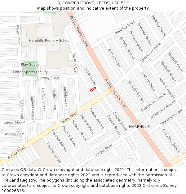 9, COWPER GROVE, LEEDS, LS8 5DG: Location map and indicative extent of plot