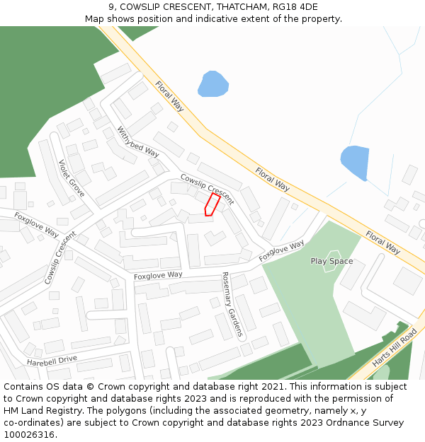 9, COWSLIP CRESCENT, THATCHAM, RG18 4DE: Location map and indicative extent of plot