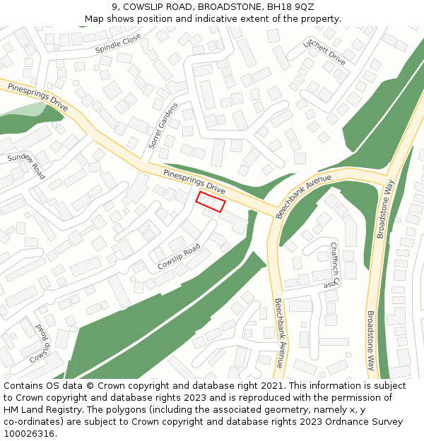 9, COWSLIP ROAD, BROADSTONE, BH18 9QZ: Location map and indicative extent of plot