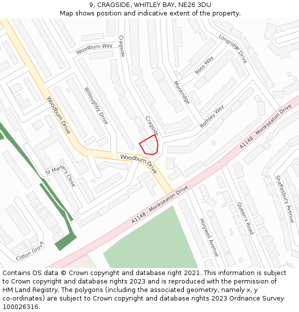 9, CRAGSIDE, WHITLEY BAY, NE26 3DU: Location map and indicative extent of plot