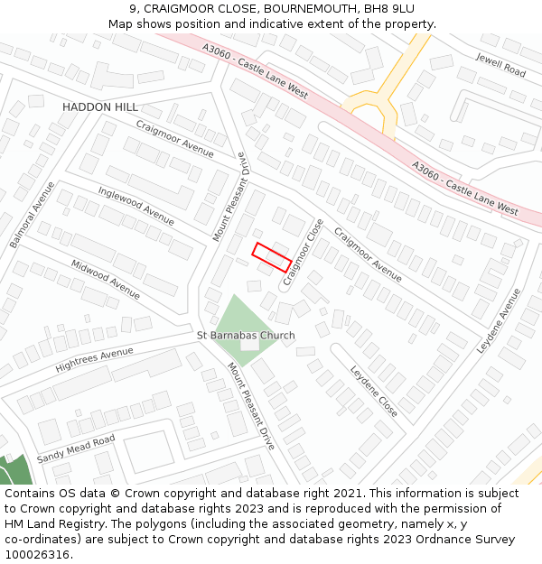 9, CRAIGMOOR CLOSE, BOURNEMOUTH, BH8 9LU: Location map and indicative extent of plot