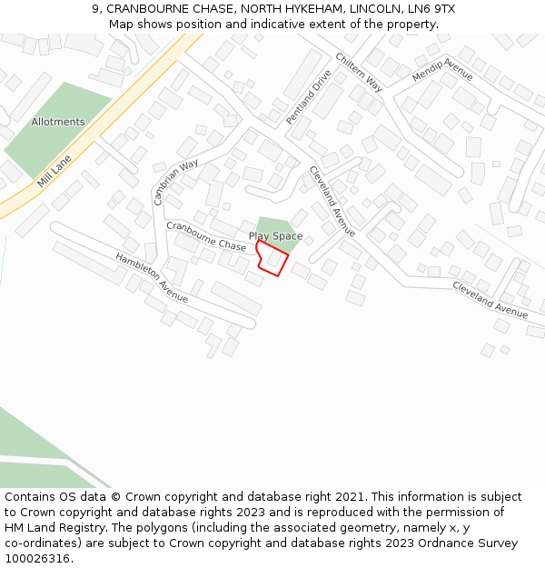 9, CRANBOURNE CHASE, NORTH HYKEHAM, LINCOLN, LN6 9TX: Location map and indicative extent of plot