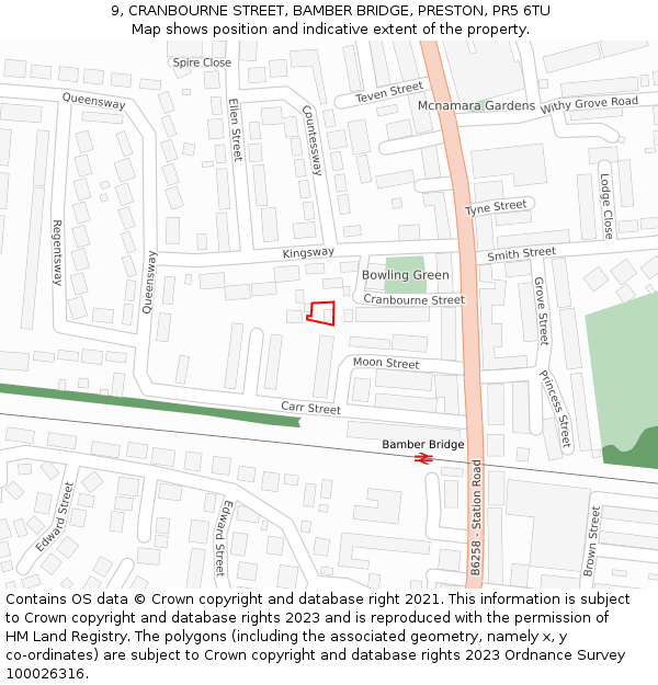 9, CRANBOURNE STREET, BAMBER BRIDGE, PRESTON, PR5 6TU: Location map and indicative extent of plot