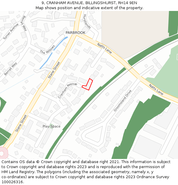 9, CRANHAM AVENUE, BILLINGSHURST, RH14 9EN: Location map and indicative extent of plot