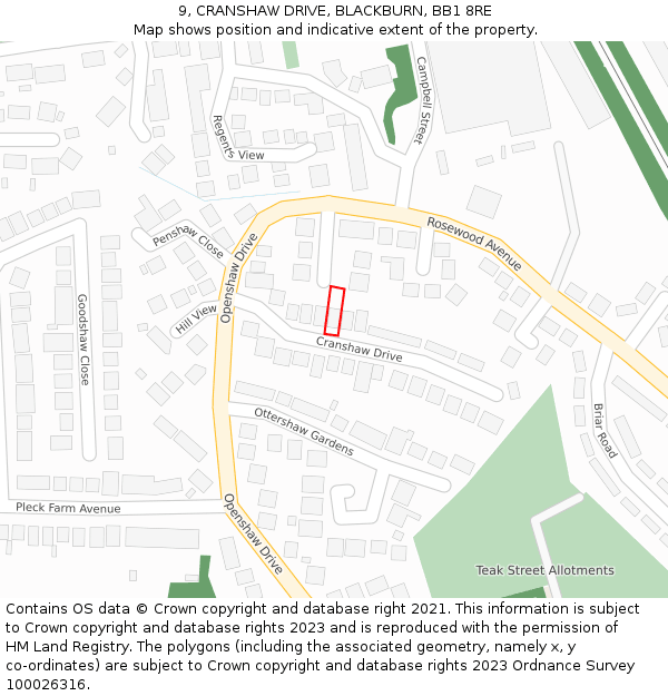 9, CRANSHAW DRIVE, BLACKBURN, BB1 8RE: Location map and indicative extent of plot