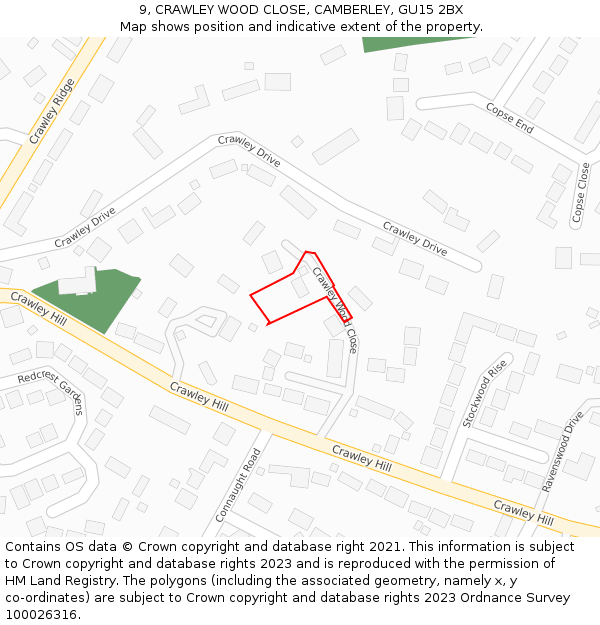 9, CRAWLEY WOOD CLOSE, CAMBERLEY, GU15 2BX: Location map and indicative extent of plot