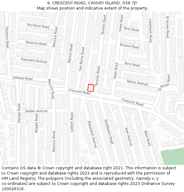 9, CRESCENT ROAD, CANVEY ISLAND, SS8 7JY: Location map and indicative extent of plot