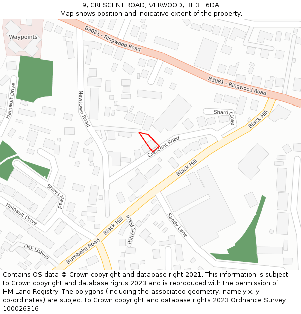 9, CRESCENT ROAD, VERWOOD, BH31 6DA: Location map and indicative extent of plot