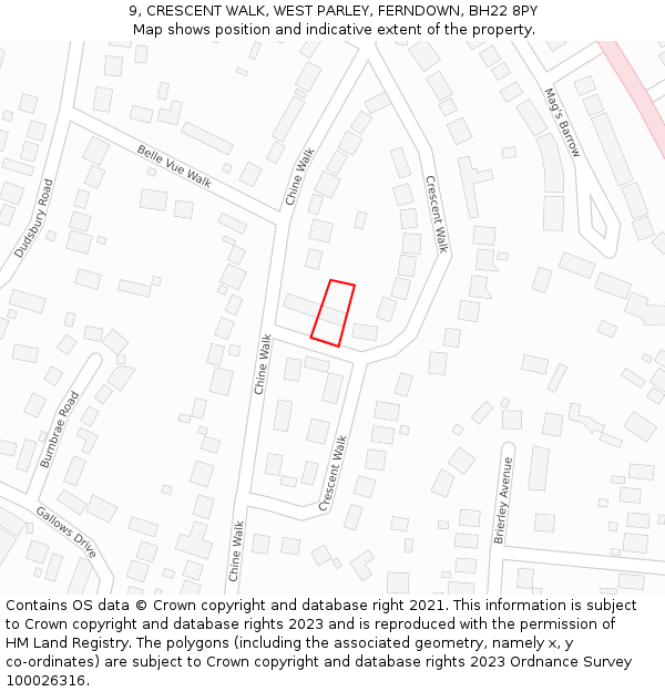 9, CRESCENT WALK, WEST PARLEY, FERNDOWN, BH22 8PY: Location map and indicative extent of plot
