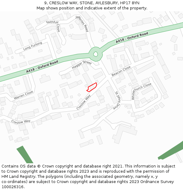 9, CRESLOW WAY, STONE, AYLESBURY, HP17 8YN: Location map and indicative extent of plot