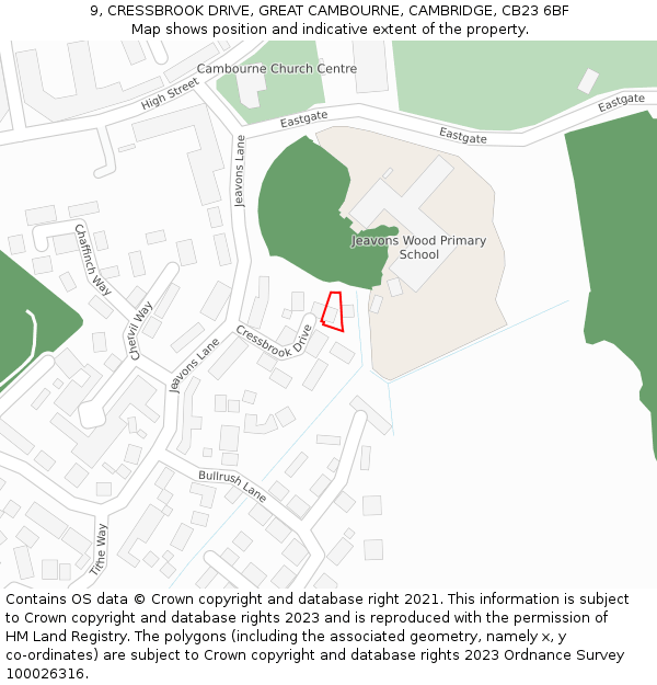 9, CRESSBROOK DRIVE, GREAT CAMBOURNE, CAMBRIDGE, CB23 6BF: Location map and indicative extent of plot