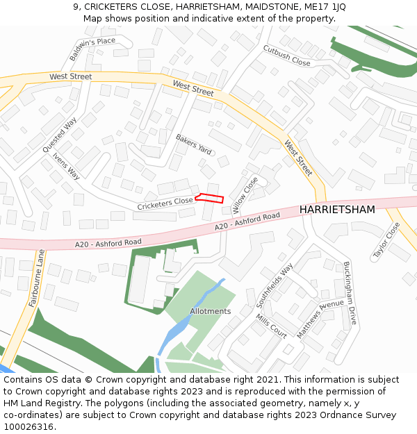 9, CRICKETERS CLOSE, HARRIETSHAM, MAIDSTONE, ME17 1JQ: Location map and indicative extent of plot