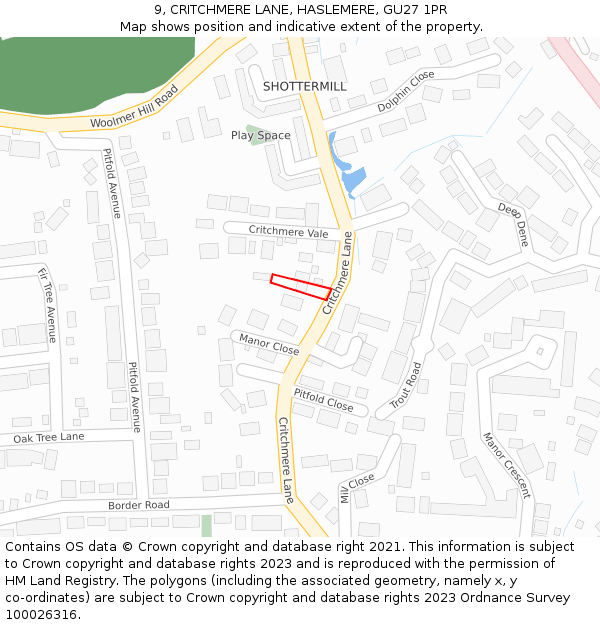 9, CRITCHMERE LANE, HASLEMERE, GU27 1PR: Location map and indicative extent of plot