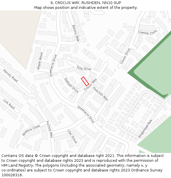 9, CROCUS WAY, RUSHDEN, NN10 0UP: Location map and indicative extent of plot
