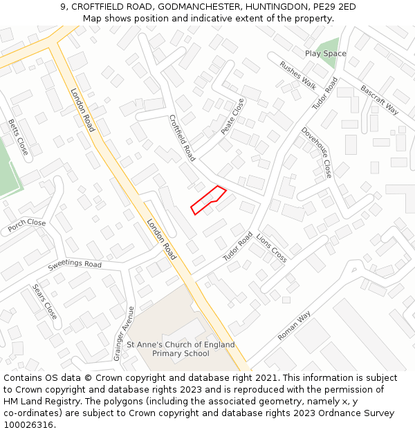 9, CROFTFIELD ROAD, GODMANCHESTER, HUNTINGDON, PE29 2ED: Location map and indicative extent of plot