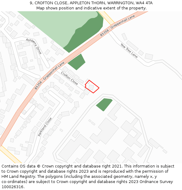 9, CROFTON CLOSE, APPLETON THORN, WARRINGTON, WA4 4TA: Location map and indicative extent of plot