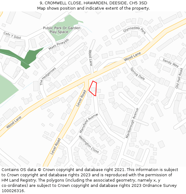 9, CROMWELL CLOSE, HAWARDEN, DEESIDE, CH5 3SD: Location map and indicative extent of plot
