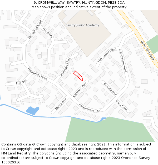 9, CROMWELL WAY, SAWTRY, HUNTINGDON, PE28 5QA: Location map and indicative extent of plot