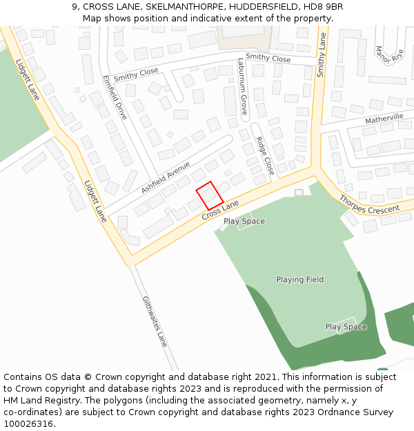 9, CROSS LANE, SKELMANTHORPE, HUDDERSFIELD, HD8 9BR: Location map and indicative extent of plot