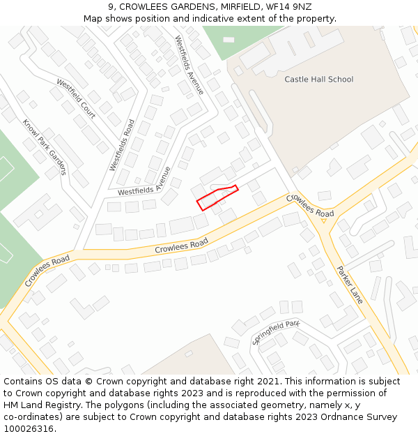 9, CROWLEES GARDENS, MIRFIELD, WF14 9NZ: Location map and indicative extent of plot