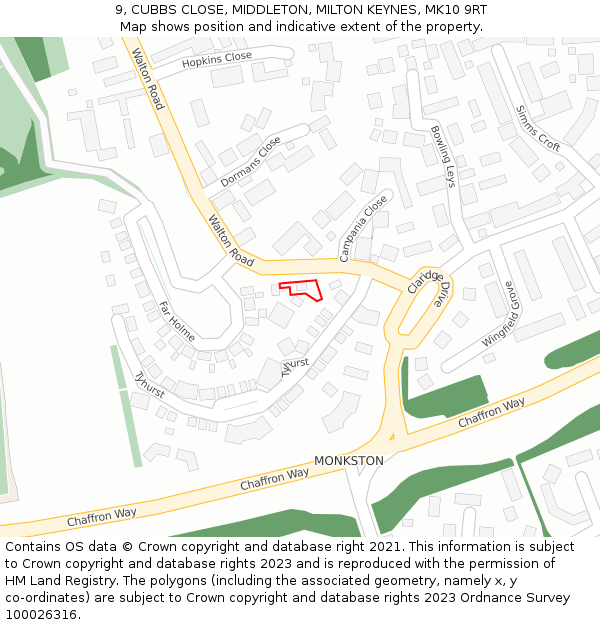 9, CUBBS CLOSE, MIDDLETON, MILTON KEYNES, MK10 9RT: Location map and indicative extent of plot