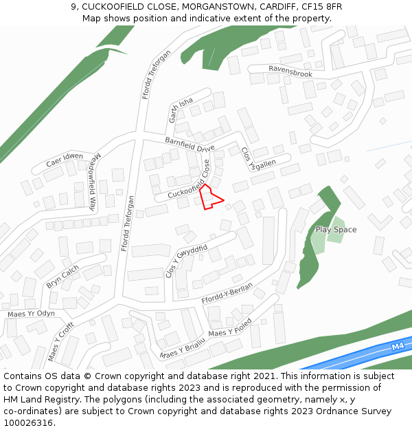 9, CUCKOOFIELD CLOSE, MORGANSTOWN, CARDIFF, CF15 8FR: Location map and indicative extent of plot