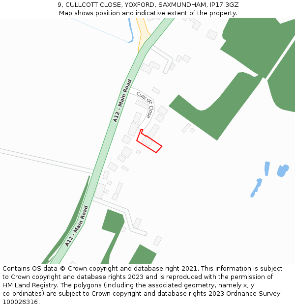 9, CULLCOTT CLOSE, YOXFORD, SAXMUNDHAM, IP17 3GZ: Location map and indicative extent of plot