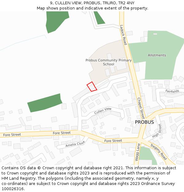 9, CULLEN VIEW, PROBUS, TRURO, TR2 4NY: Location map and indicative extent of plot