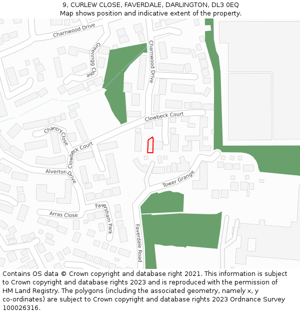 9, CURLEW CLOSE, FAVERDALE, DARLINGTON, DL3 0EQ: Location map and indicative extent of plot