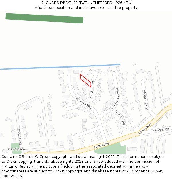 9, CURTIS DRIVE, FELTWELL, THETFORD, IP26 4BU: Location map and indicative extent of plot