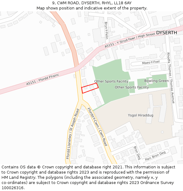 9, CWM ROAD, DYSERTH, RHYL, LL18 6AY: Location map and indicative extent of plot