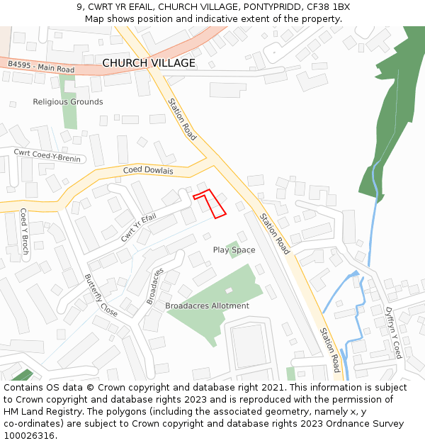 9, CWRT YR EFAIL, CHURCH VILLAGE, PONTYPRIDD, CF38 1BX: Location map and indicative extent of plot