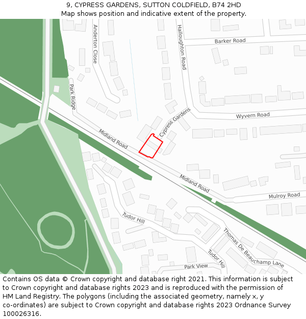 9, CYPRESS GARDENS, SUTTON COLDFIELD, B74 2HD: Location map and indicative extent of plot
