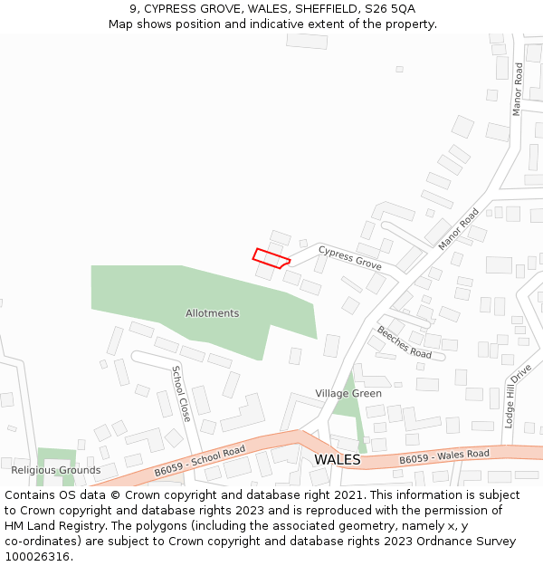 9, CYPRESS GROVE, WALES, SHEFFIELD, S26 5QA: Location map and indicative extent of plot