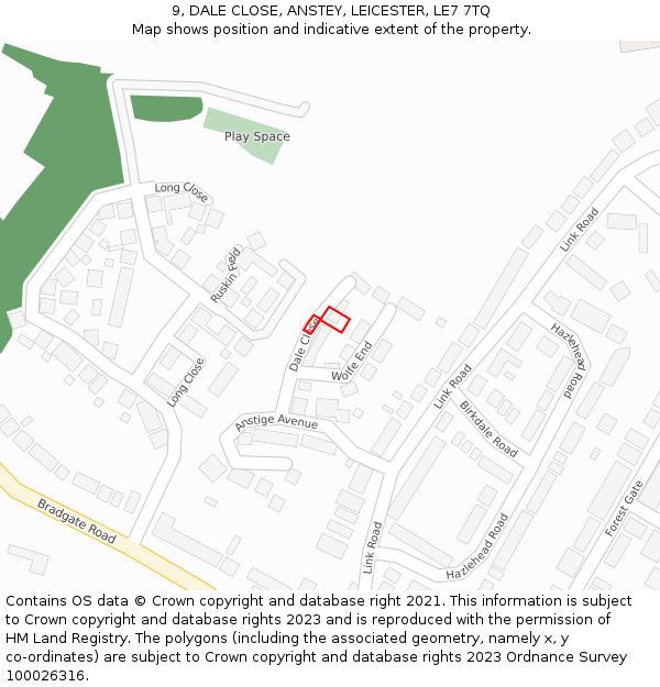 9, DALE CLOSE, ANSTEY, LEICESTER, LE7 7TQ: Location map and indicative extent of plot