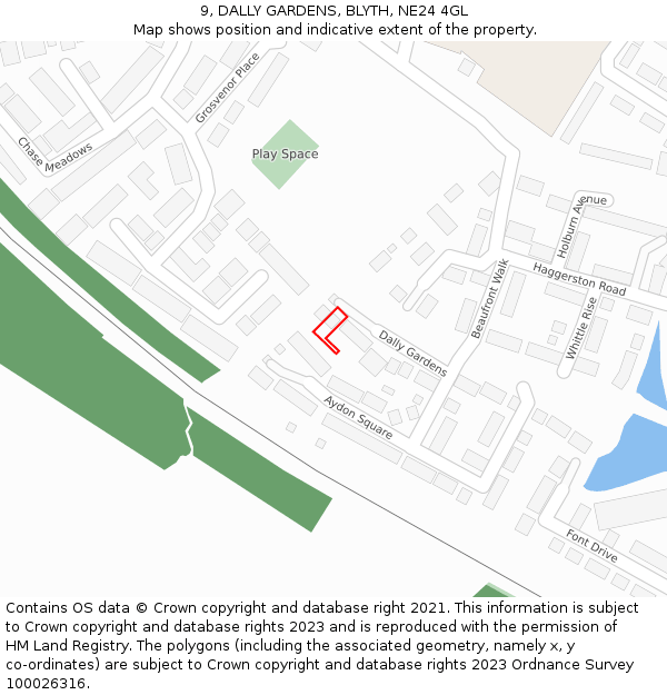 9, DALLY GARDENS, BLYTH, NE24 4GL: Location map and indicative extent of plot