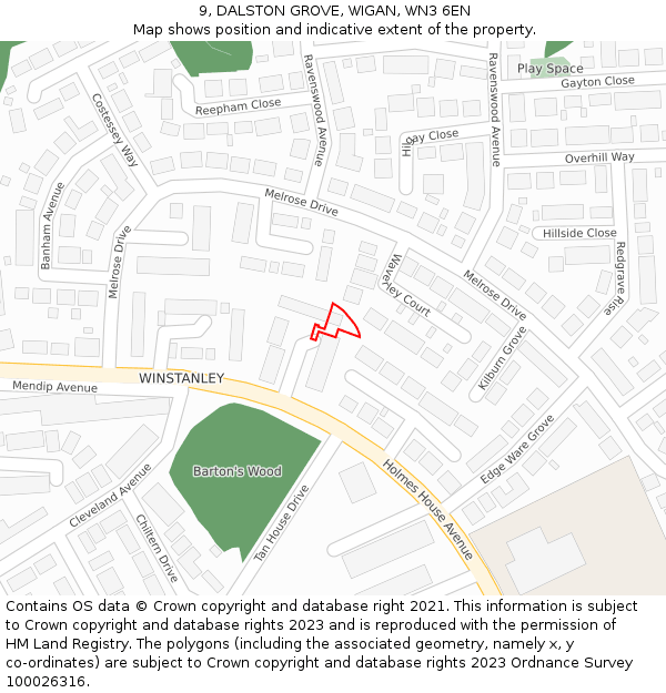 9, DALSTON GROVE, WIGAN, WN3 6EN: Location map and indicative extent of plot