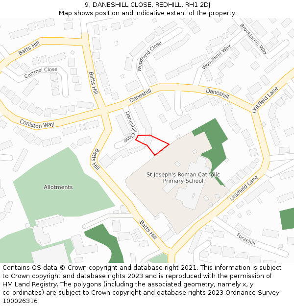 9, DANESHILL CLOSE, REDHILL, RH1 2DJ: Location map and indicative extent of plot