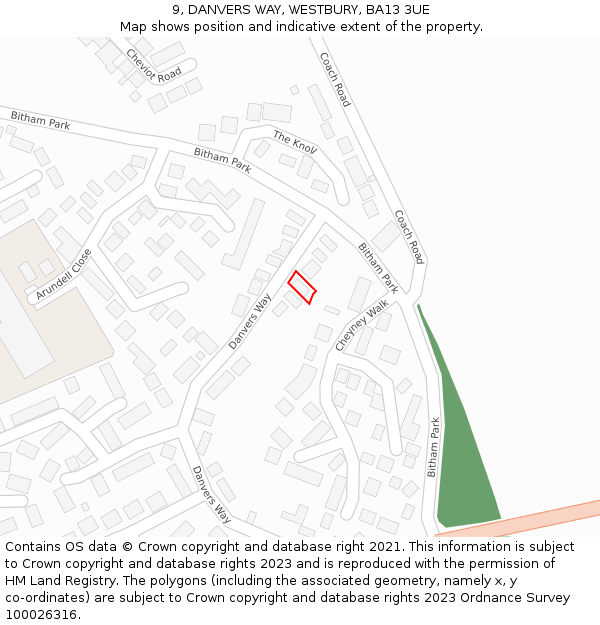 9, DANVERS WAY, WESTBURY, BA13 3UE: Location map and indicative extent of plot