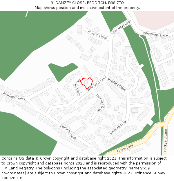 9, DANZEY CLOSE, REDDITCH, B98 7TQ: Location map and indicative extent of plot