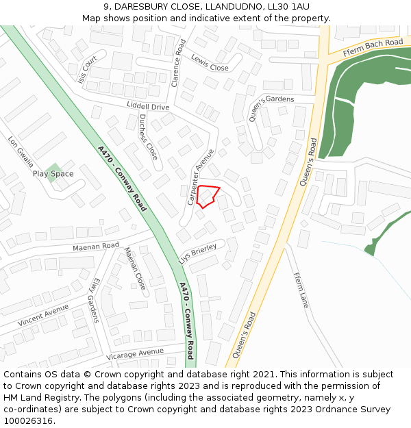 9, DARESBURY CLOSE, LLANDUDNO, LL30 1AU: Location map and indicative extent of plot