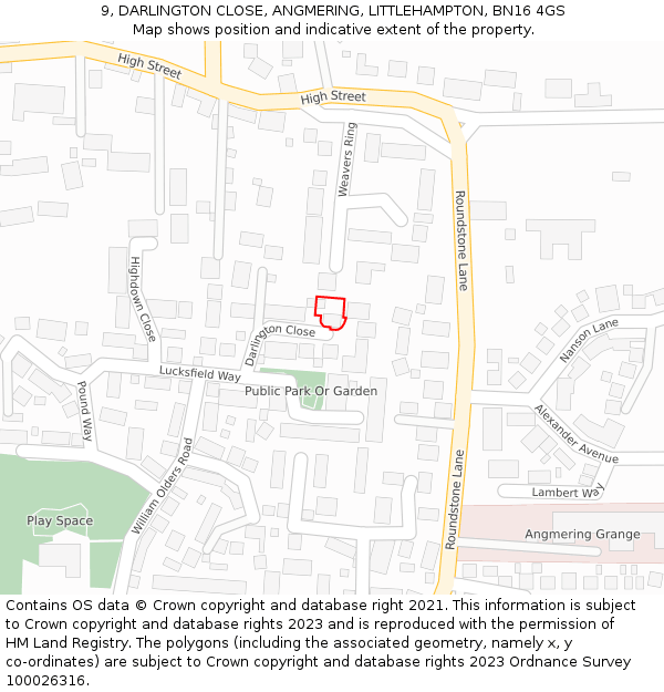 9, DARLINGTON CLOSE, ANGMERING, LITTLEHAMPTON, BN16 4GS: Location map and indicative extent of plot