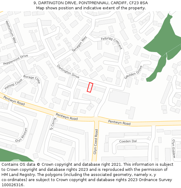 9, DARTINGTON DRIVE, PONTPRENNAU, CARDIFF, CF23 8SA: Location map and indicative extent of plot