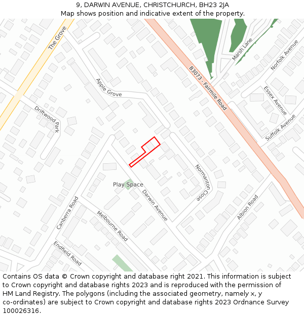 9, DARWIN AVENUE, CHRISTCHURCH, BH23 2JA: Location map and indicative extent of plot